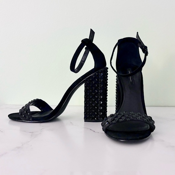 Zara Black Studded Block Heels - Picture 4 of 5